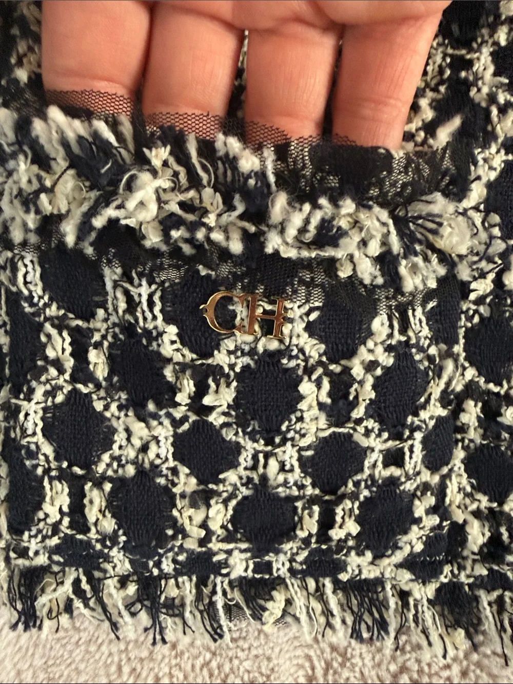 Carolina Herrera Navy and White/Cream Bouclé Cropped Jacket with 3/4 sleeves